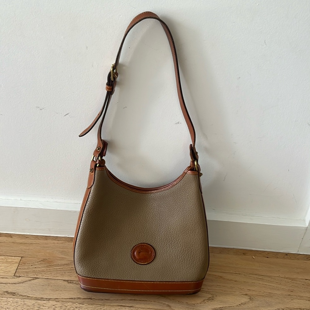 Vintage Dooney & Bourke Dark Khaki and Tan Shoulder Bag